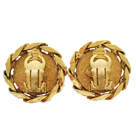 Auth CHANEL CC Logo Round Button Earrings 23 Rhinestone Clip-On GHW Vintage - Picture 7 of 9